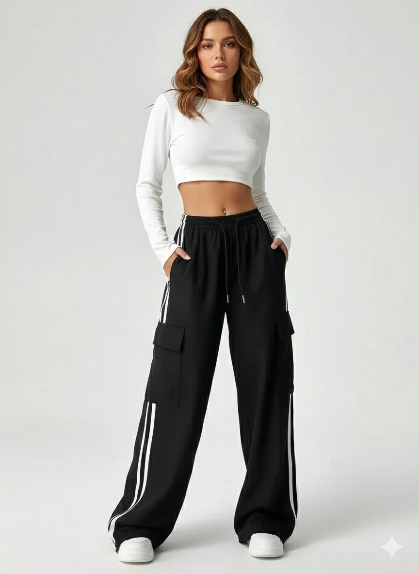 TK High Waisted Black Cargo Side Stripe