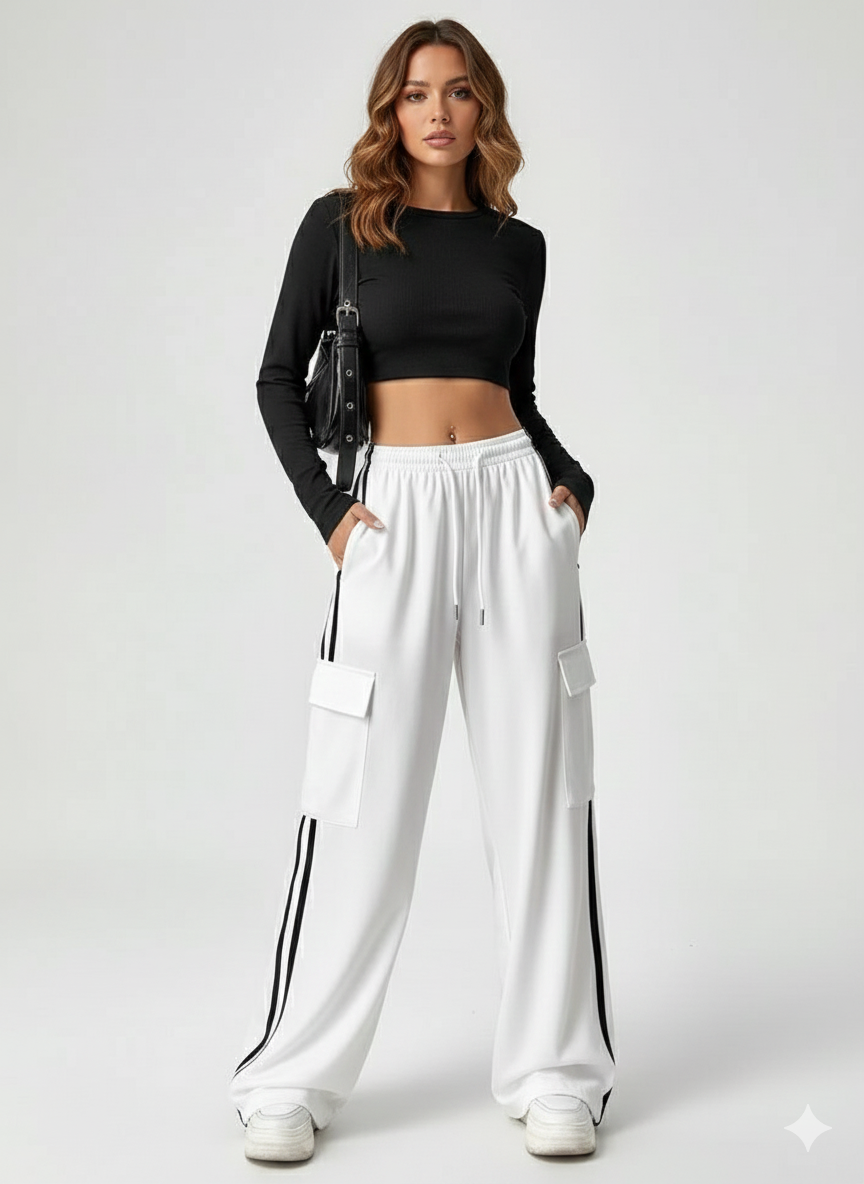 TK High Waisted White Side Stripe Cargo Trouser