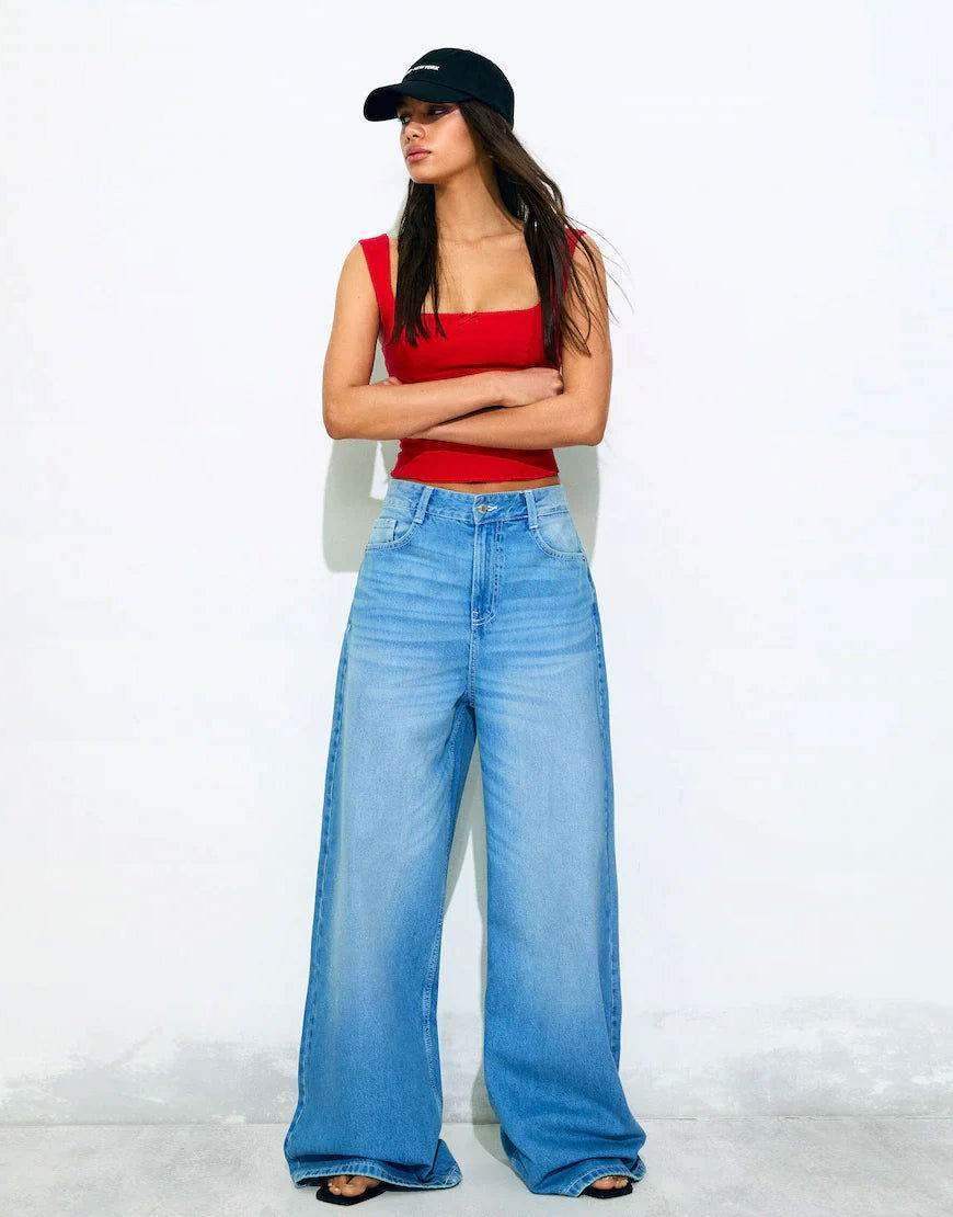 TK High Waisted Mid Blue Wide leg Jeans