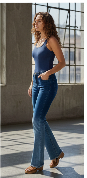 TK High Waisted Blue Two Tone Flare Jeans
